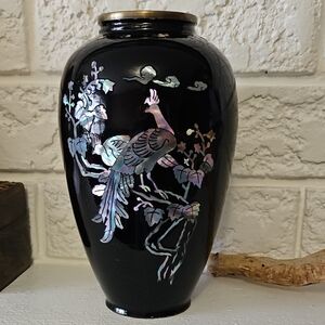 Vintage 70s Brass Black Enamel Vase with Iridescent Abalone Shells Bird Design